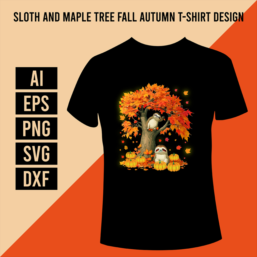 autumn t shirt design Bulan 5 Sloth And Maple Tree Fall Autumn T-Shirt Design